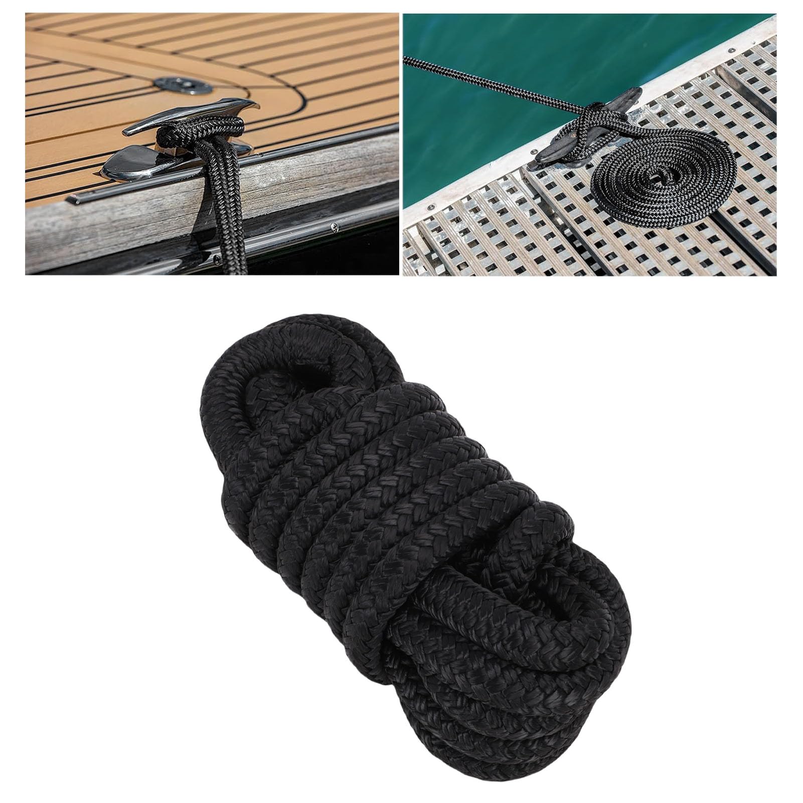Jiawu Cime per Ormeggio per Barche, Corda Marina in Nylon Intrecciato Doppio da 1/2 Pollice X 15 Piedi con Anello da 12 Pollici per L'ormeggio Dell'ormeggio Nei Porti Turistici dei (BLACK)