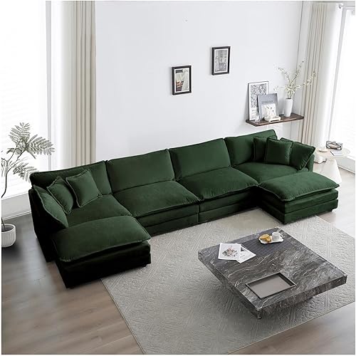 Cloud Modular Sectional Sofa, 146.5 Inch U Shaped Couch Set for Living Room, 4-Seater Comfortable Modular Couches with Movable Ottoman, Modern Cloud Sofa Sectional, Chenille, Green