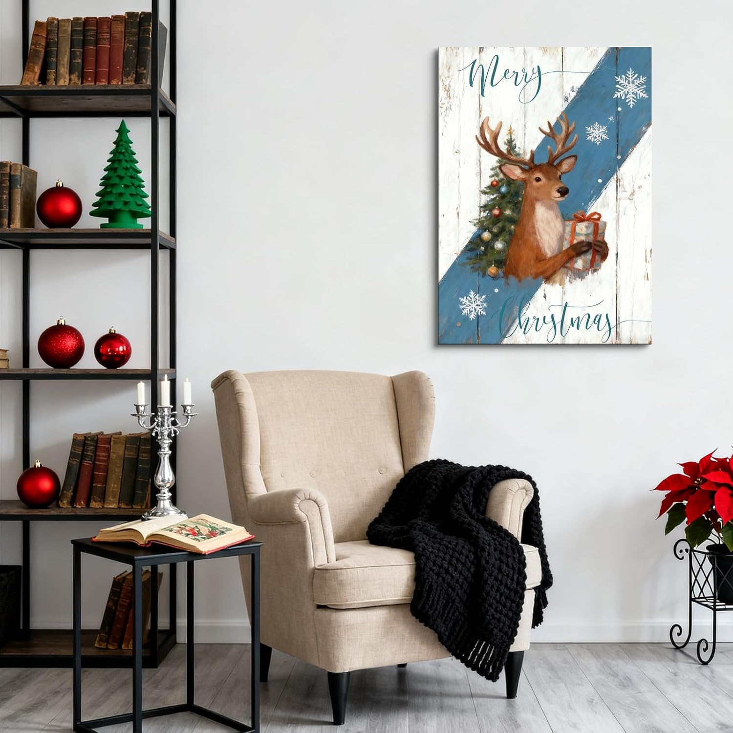 Santa's Reindeer Christmas Tree Framed Canvas Art, Winter Holiday Wall Decor for Living Room, Festive Deer Pictures Art Prints for Bedroom, Classic Santa Gifts, 12x16 Poster Decor