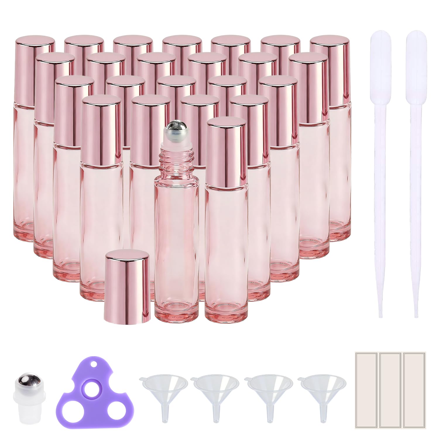 PrettyCare 24 Pack, 10 ml Essential Oil Roller Bottles with Stainless Steel Roller Ball - Refillable Leak-proof Empty Thick Pink Glass Roll on Bottles