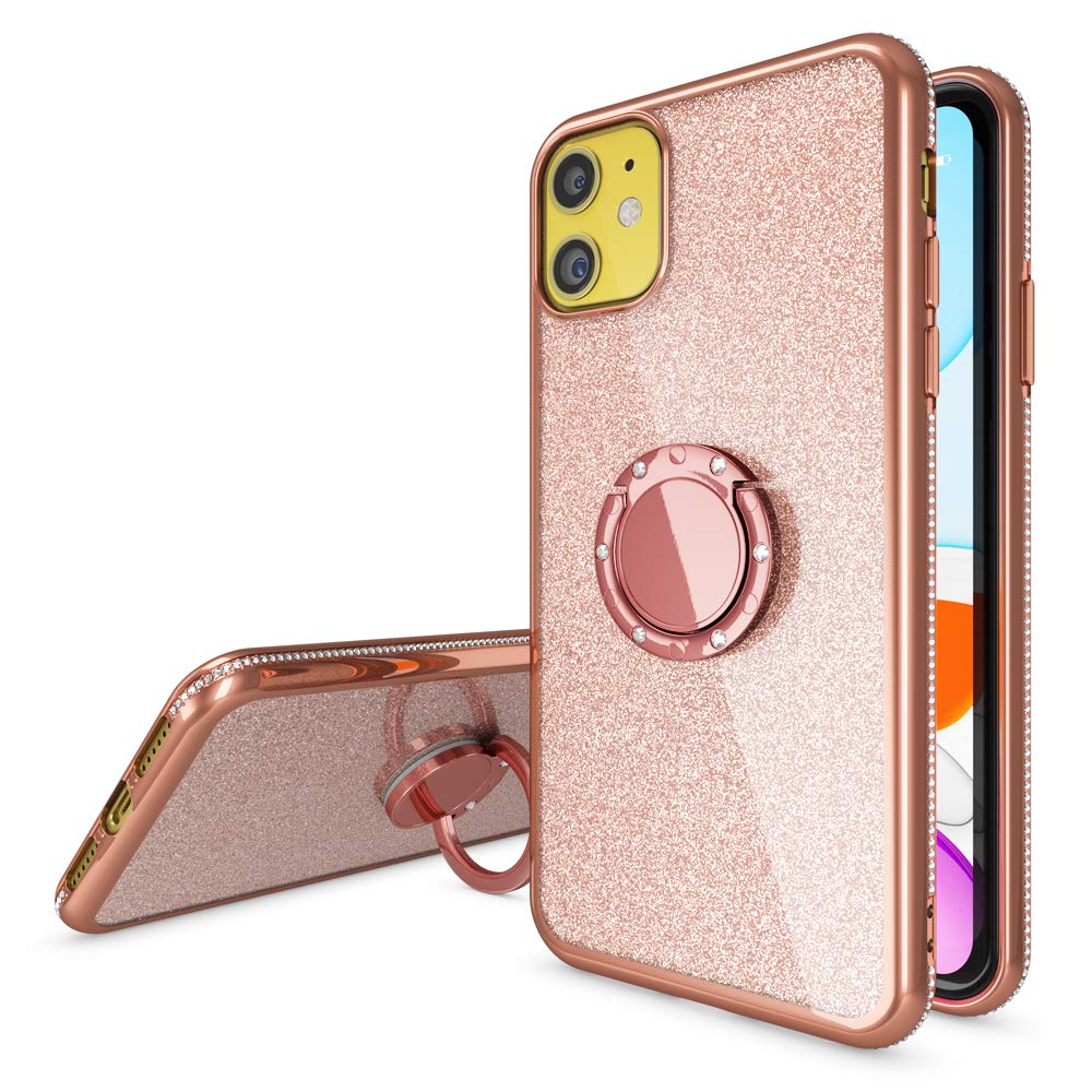 NALIA Ring Case Compatible Con IPhone 12 / IPhone 12 Pro Funda, Silicona Carcasa Con 360-Grados Anillo Giratorio Para Soporte De Coche Magnético, Kickstand Cover Protectora, Color:Rosa Gold Oro