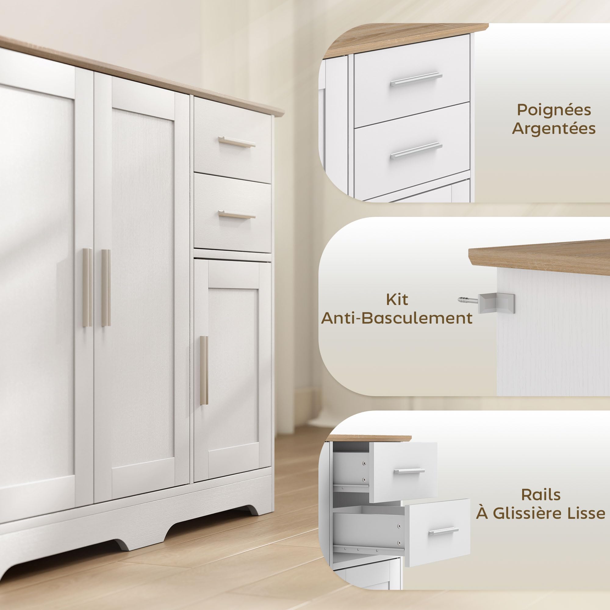 HOMCOM Buffet Salon 2 tiroirs 3 Portes 100 x 40 x 78 cm Blanc Bois Naturel | Meuble de Rangement, Étagère Réglable, Style Contemporain, Buffet Salle à Manger et Cuisine