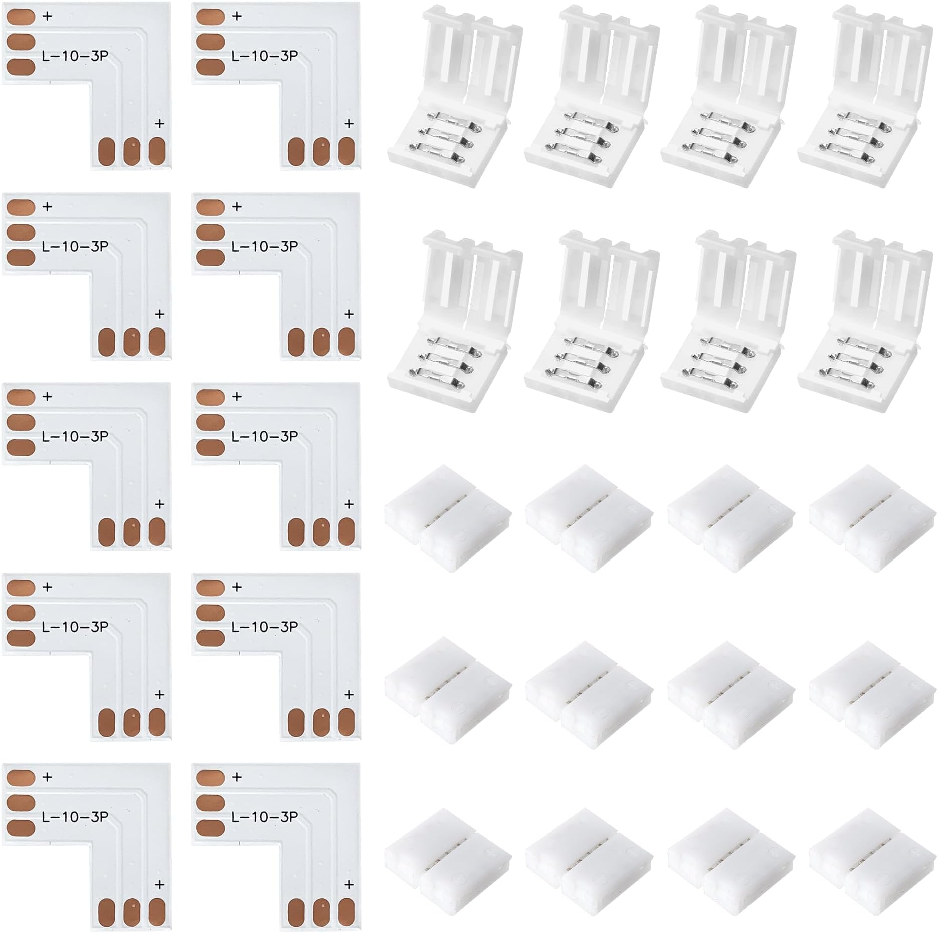 JACKYLED 30 Pcs 3-Pin LED Connectors, 10mm L Shape LED Strip Connectors Unwired Solderless Gapless Adapter Connectors Terminal Extension 12V 72W for WS2811 WS2812B SK6812 LED Strip -10 Packs