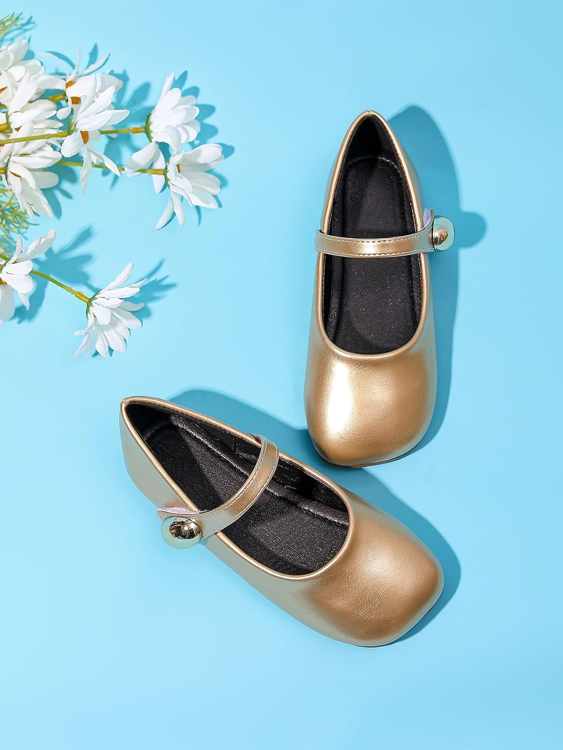 Girls Black Mary Jane Shoes Patent Leather T-Strap Flats with Velvet Bows Square Toe Buckle Dress Shoes for Kids Little Big Girls