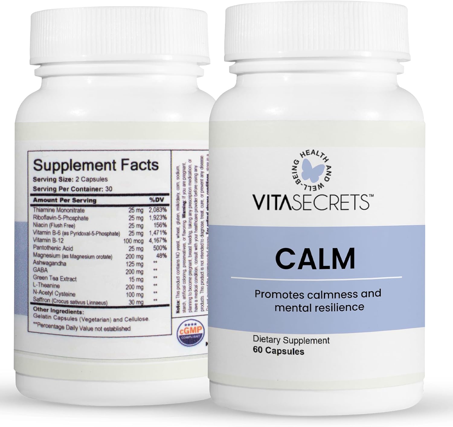 Vitasecrets Calm Stress Relief Supplement - Ashwagandha Capsules, GABA, Green Tea Extract, and L Theanine Boosts Mood – Gluten Free, No Artificial Colors or Preservatives - 60 Capsules - Image 2