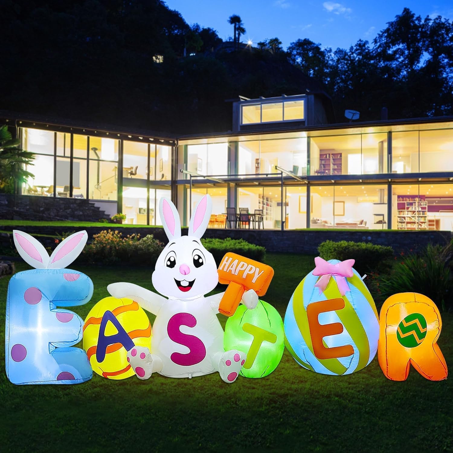 Joliyoou 8FT L Easter Inflatable Yard Decoration, Lighted Blow Up Bunny Sitting with Easter Eggs, Light Up Air Blown Rabbit Happy Easter for Spring Holiday Lawn Garden Indoor Outdoor Decors - Image 6