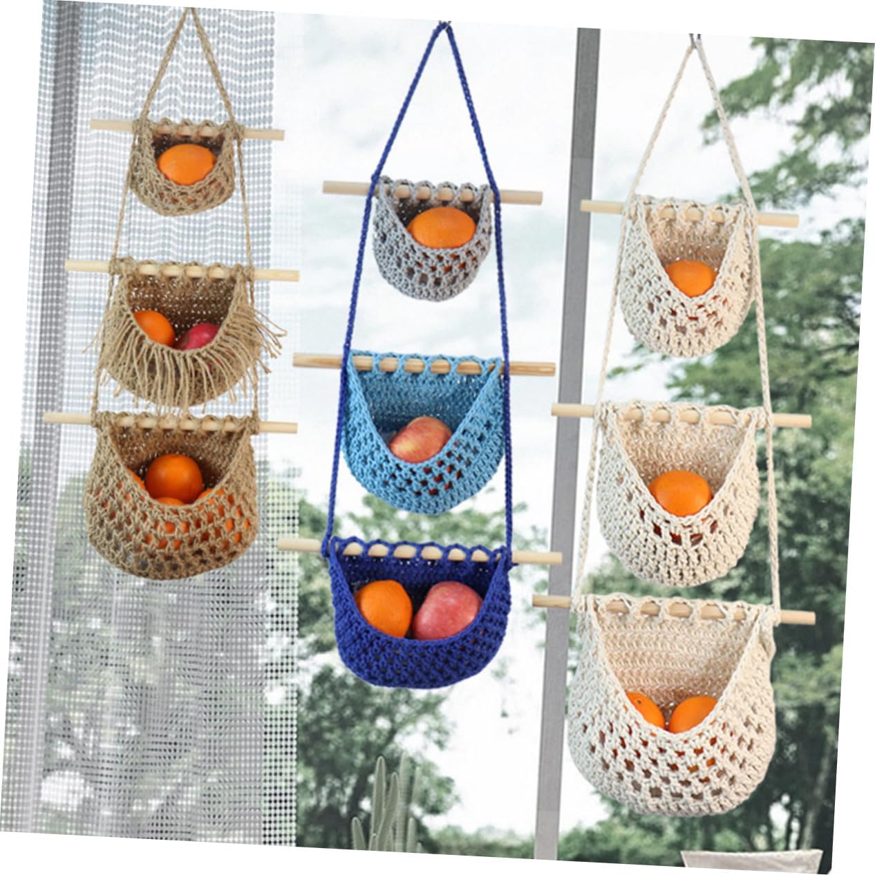 2pcs Woven Hanging Fruit and Vegetable Storage Basket Organizer for Kitchen Wall Rope Design for Easy Access and Stylish Decor