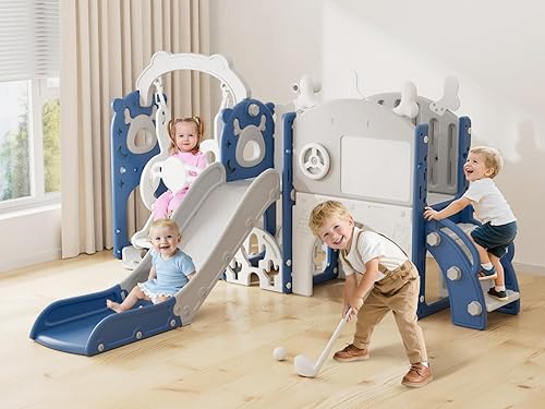 YUFU Juego de tobogán y columpio 13 en 1 para niños pequeños de 1 a 3 años, juego para niños pequeños con juego de golf, aro de baloncesto y tabla