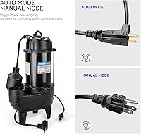 Vista 5 de Acquaer 3/4HP Bomba sumergible de efluentes de aguas residuales, hierro fundido, interruptor de flotador automático amarrado de 115V 6400 GPH, bomba
