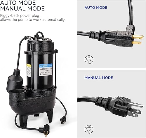 Miniatura 5 de Acquaer Bomba sumergible de efluente de aguas residuales 34HP, hierro fundido, interruptor de flotador automático atado de 115 V 6400 GPH, bomba de