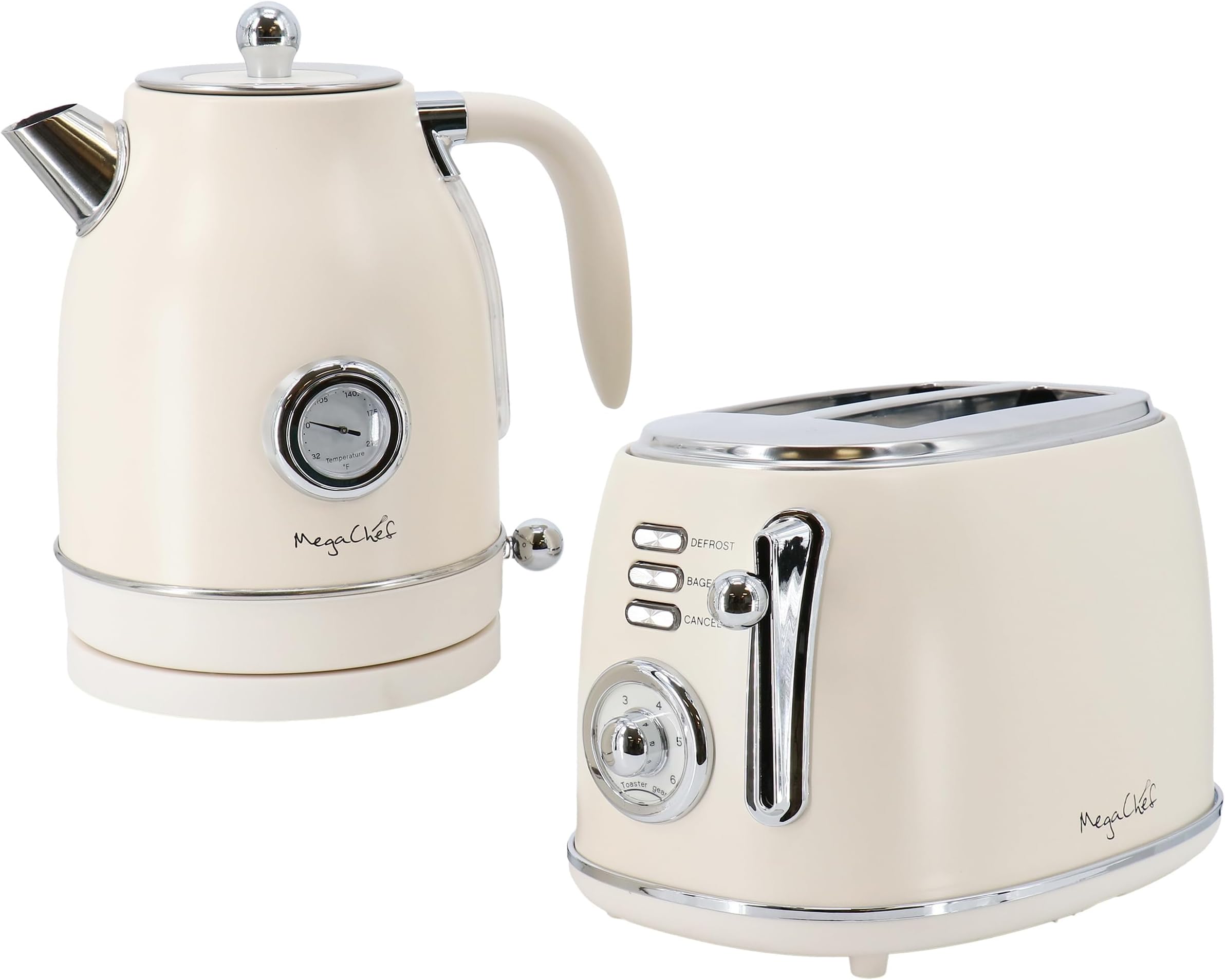 MegaChef 1.7 Quart Electric Tea Kettle and 2 Slice Toaster Combo in Matte Cream (Cream)