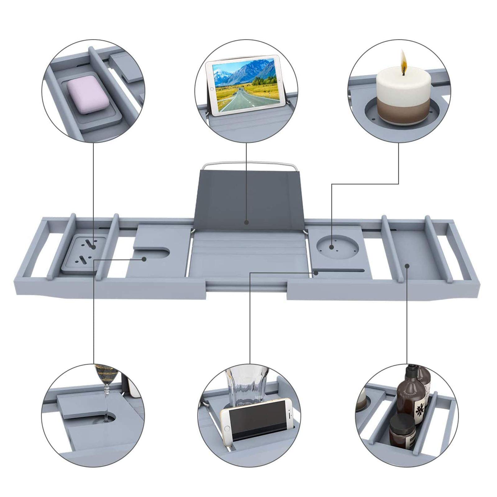 Bandeja Ajustable de bambú para bañera Incluye bandejas de SPA Desmontables y Soporte para jabón Accesorios para bañera de bambú Bandeja de Servicio de bañera intrincada y Natural