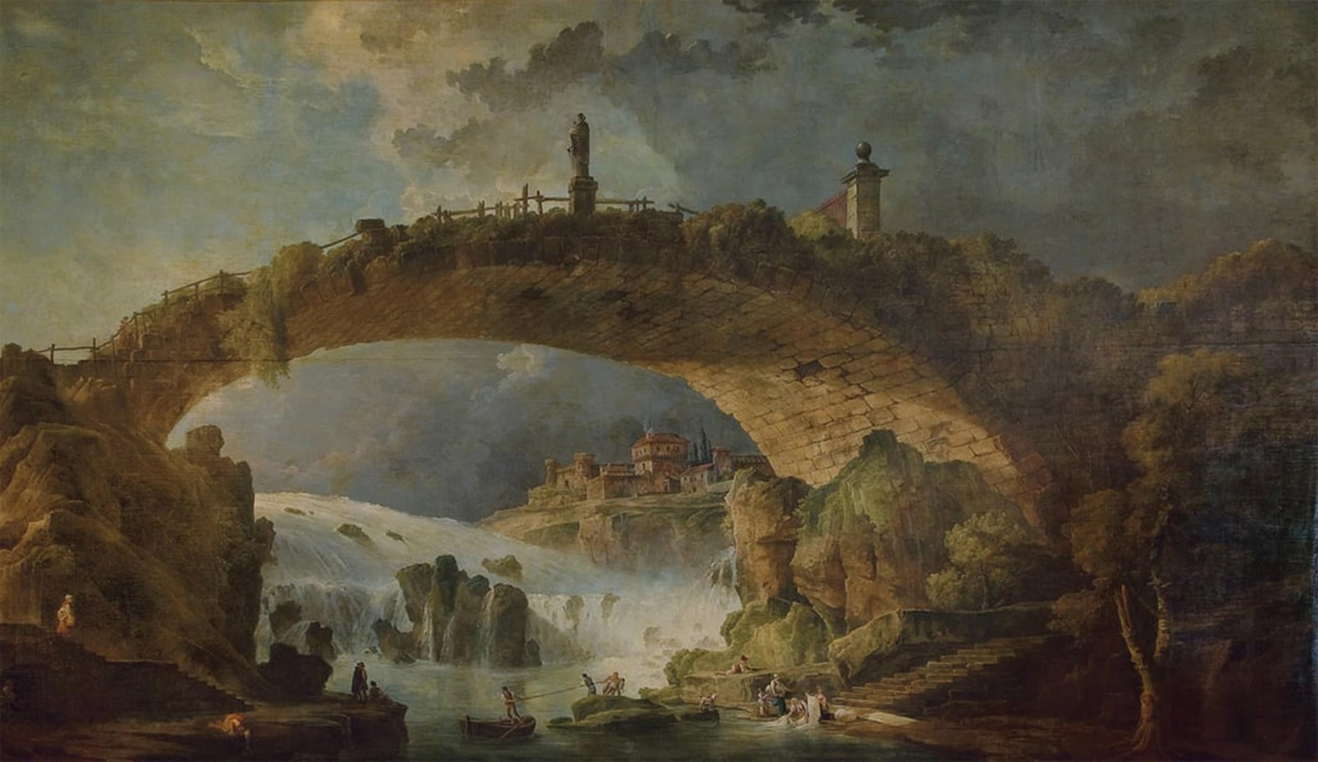 ARTXLXXBN Famous Painting Canvas Artwork Graffiti Print Bridge Over the Falls by Hubert Robert Portrait Canvas Image for Home Decor 60x90cm