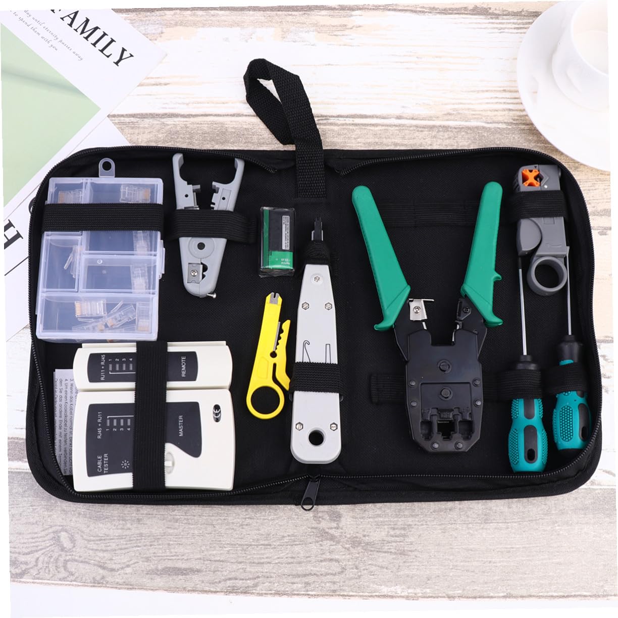 Kit d'Outils Réseau 12-en-1 Noir en PP et Métal pour Test de Câbles | Testeur de Câble Réseau, Format Portable, Paquet à Outils Inclus, sans Pile