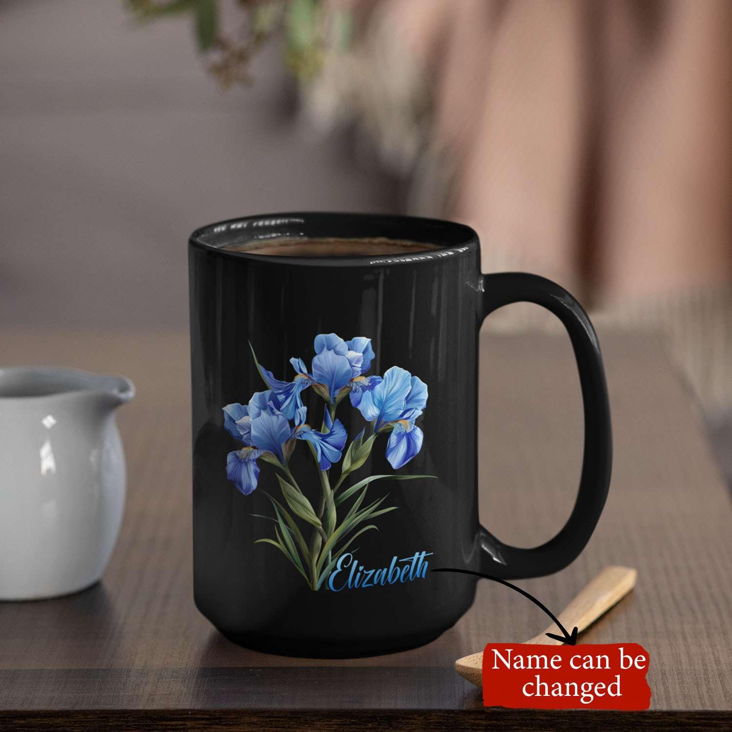 Customized Iris Flower Themed Cup, Custom Name Floral Coffee Mug, Vibrant Iris Black Mug 11oz 15oz, Personalized Botanical Decor Mug, Birthday Cup Gift, Floral Ceramic Mug Present