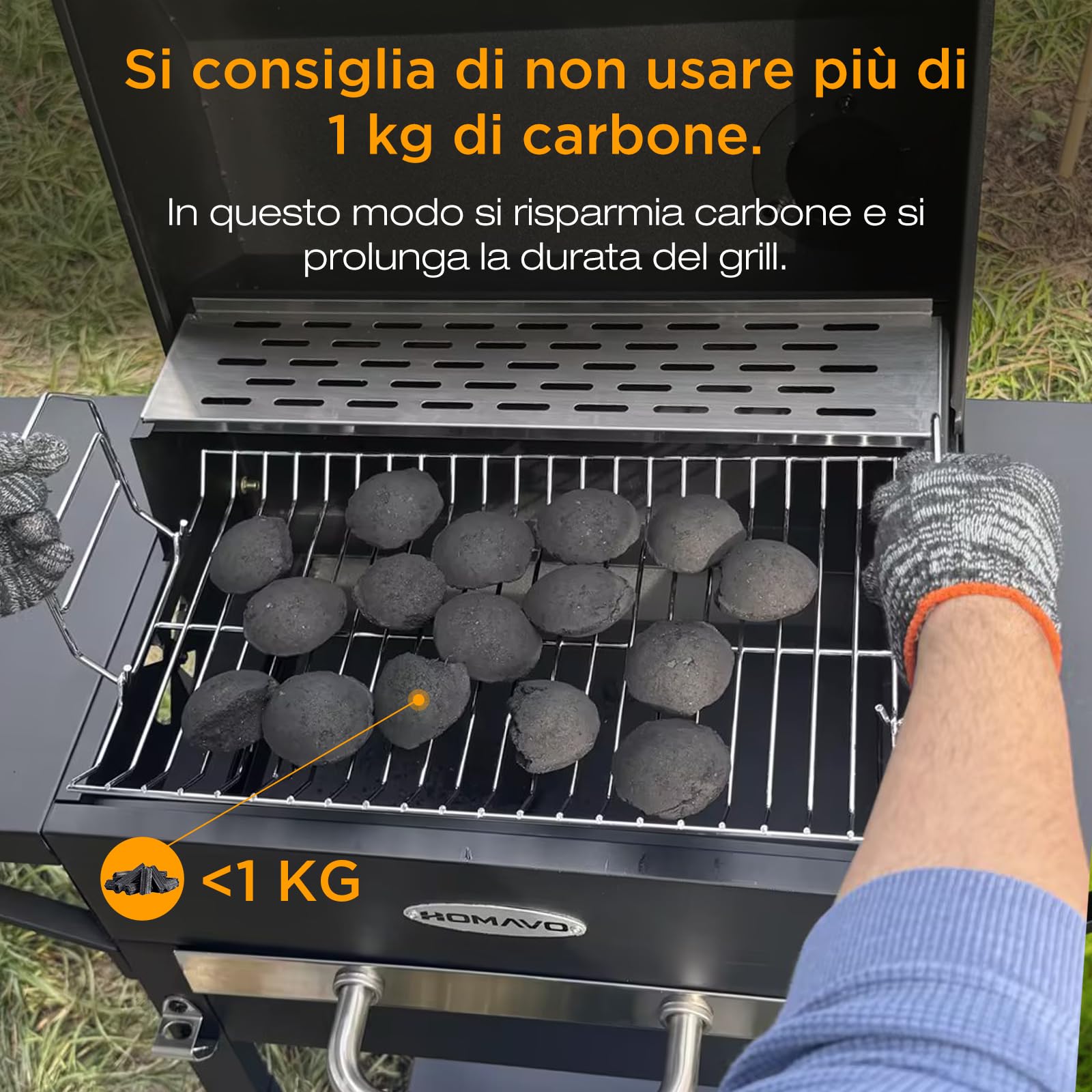Barbecue a Carbonella, Barbecue con Coperchio, Superficie Cottura: 45×32 cm, Vassoio Carbone Regolabile in Altezza, Tavolino Laterale