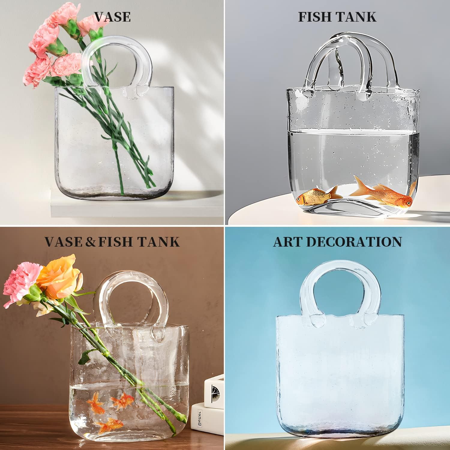 Clear Bag Glass Vases in Handbag Shape, Unique Clear Glass Purse Vases with Handle and Bubbles Design, Modern Art Flower Vases for Centerpieces Living Room Kitchen Office Wedding Decor (Clear)