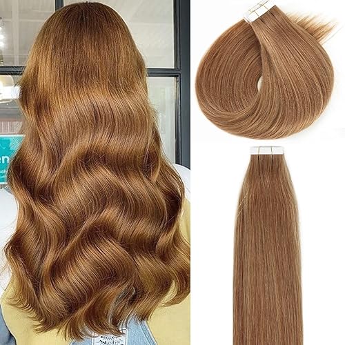 Lacerhair 14 inch Seamless Remy Tape in Human Hair Extensions Balayage Natural PU Skin Weft 100% Real Virgin Human Hair Color #30 Auburn Blonde Double Side 50g 20pcs/set