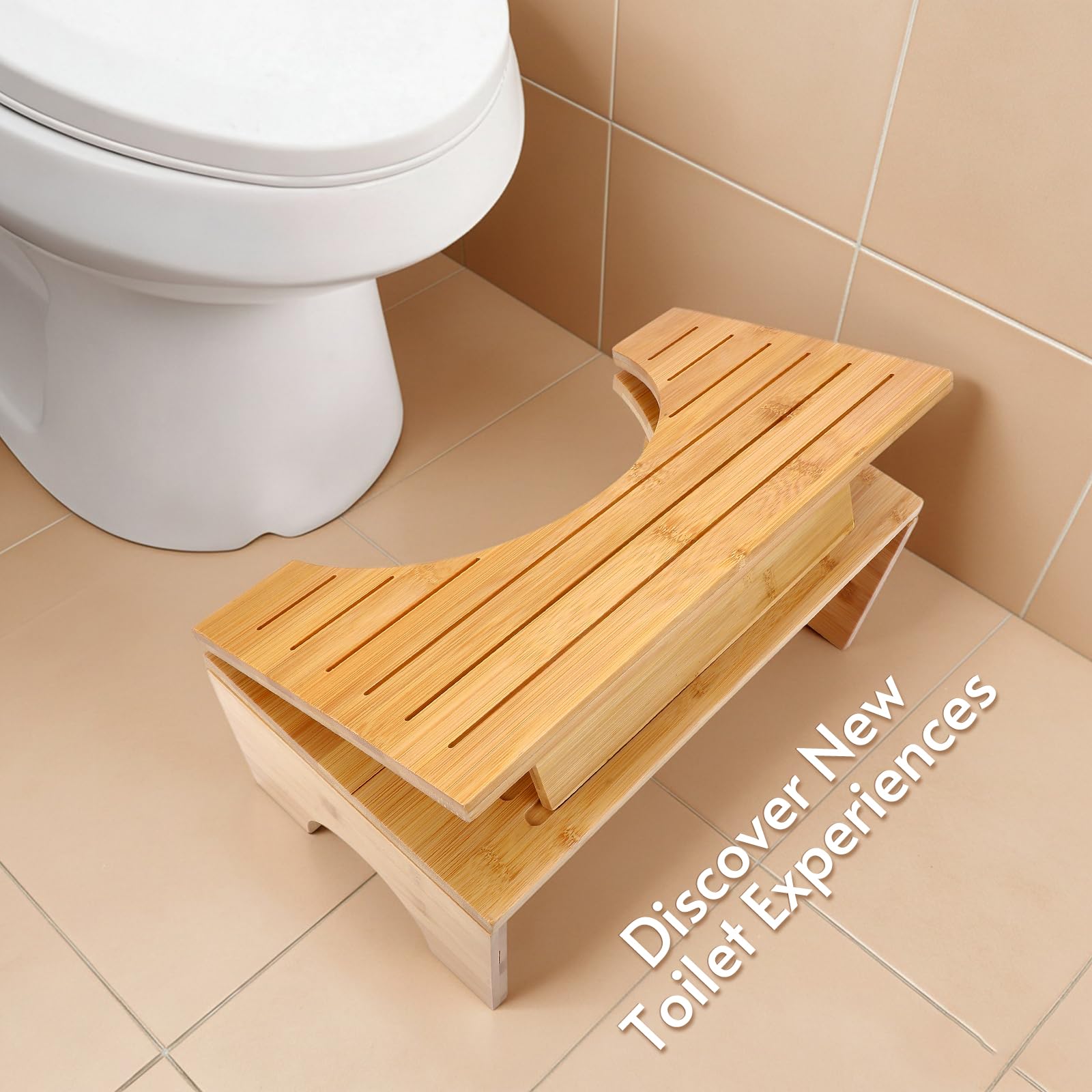 Sgabello WC in Bambù,Portatile Sgabello Pieghevole per Adulti,Antiscivolo Sgabello da Bagno con 4 Livelli,Ergonomico a Forma di C per Combattere la Stitichezza,Flatulenza e Facilitare l'evacuazione