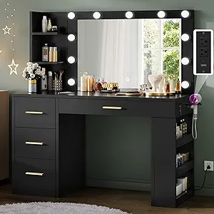 DWVO Vanity Desk with Mirror, Large Makeup Table with Power Outlets, 11 LED Bulbs, 3 Adjustable Light Modes, 4 Drawers and Built-in Shelves, Hollywood Dressing Vanity Desk Set for Bedroom, Black