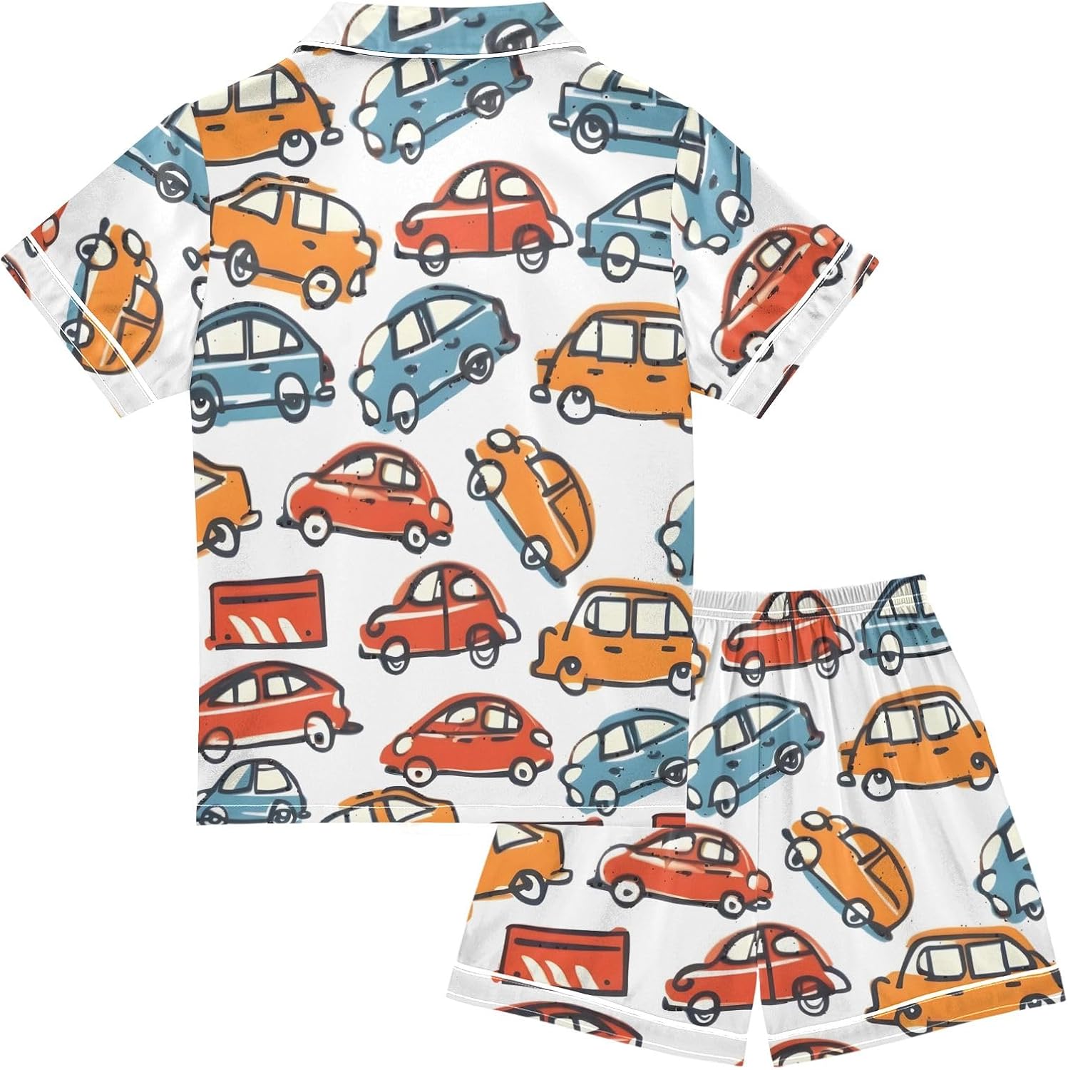 Kids Casual Satin Wear Set Graffiti Painting Car Unisex Short Sleeve Clothing for Relaxing