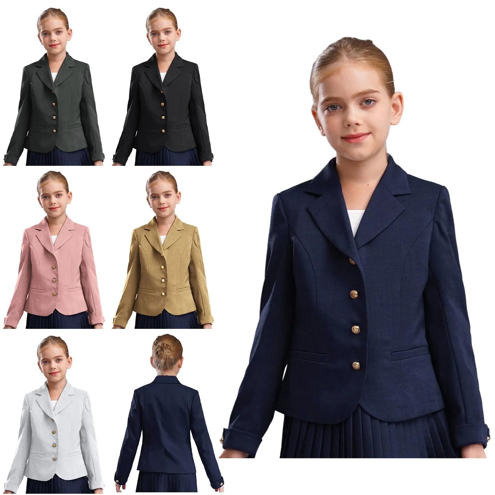 Mädchen-Schuluniformjacke, Blazer mit Revers, langen Ärmeln, Knopfleiste und Taschen, formelles Kostüm for Hochzeitszeremonien FüRs Reiten