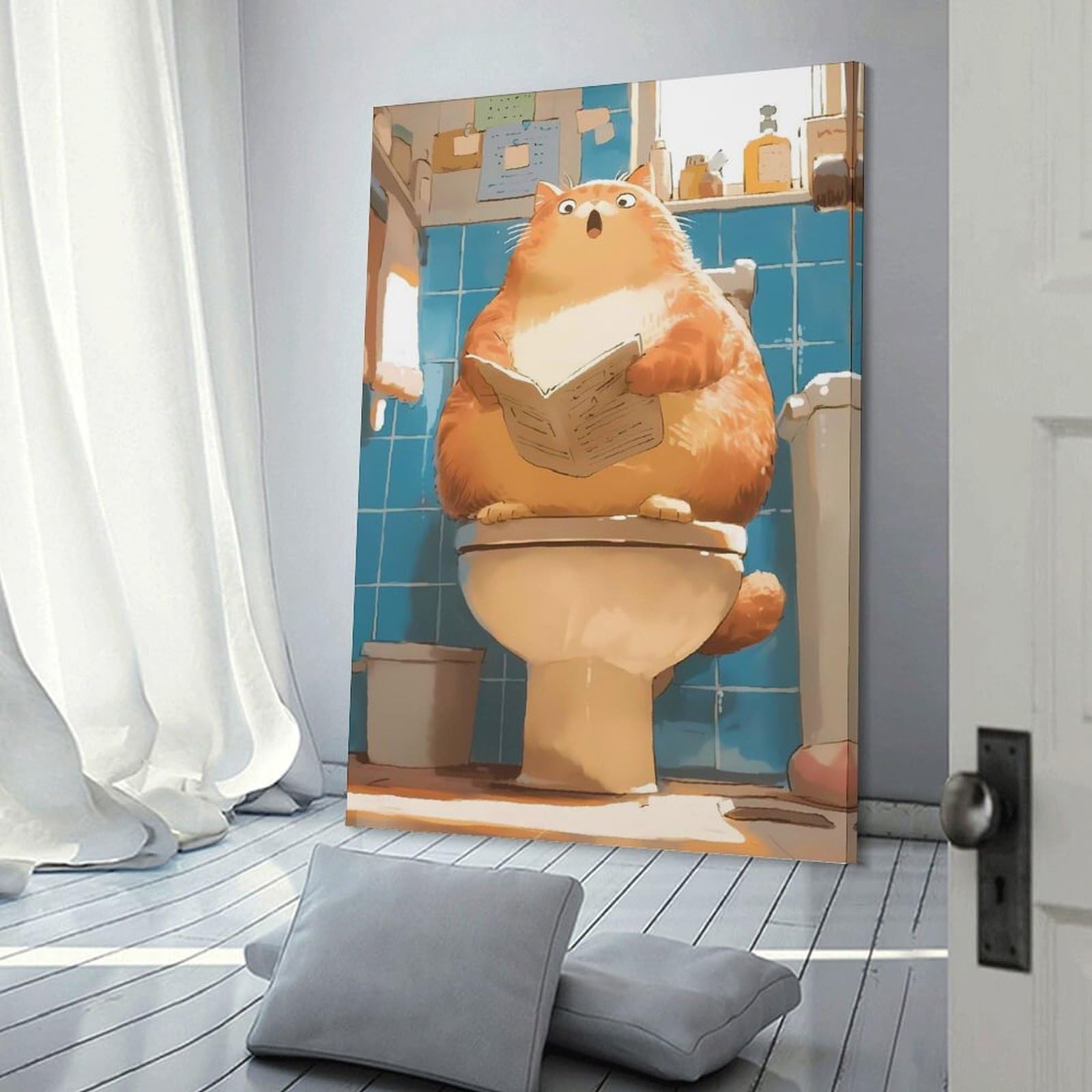 Junmoney Toilet Cat Fun Canvas Wall Decor, 24x36inch(60x90cm), for Office, Study Or Home Workspace, Wall Art That Adds Style to Work Areas