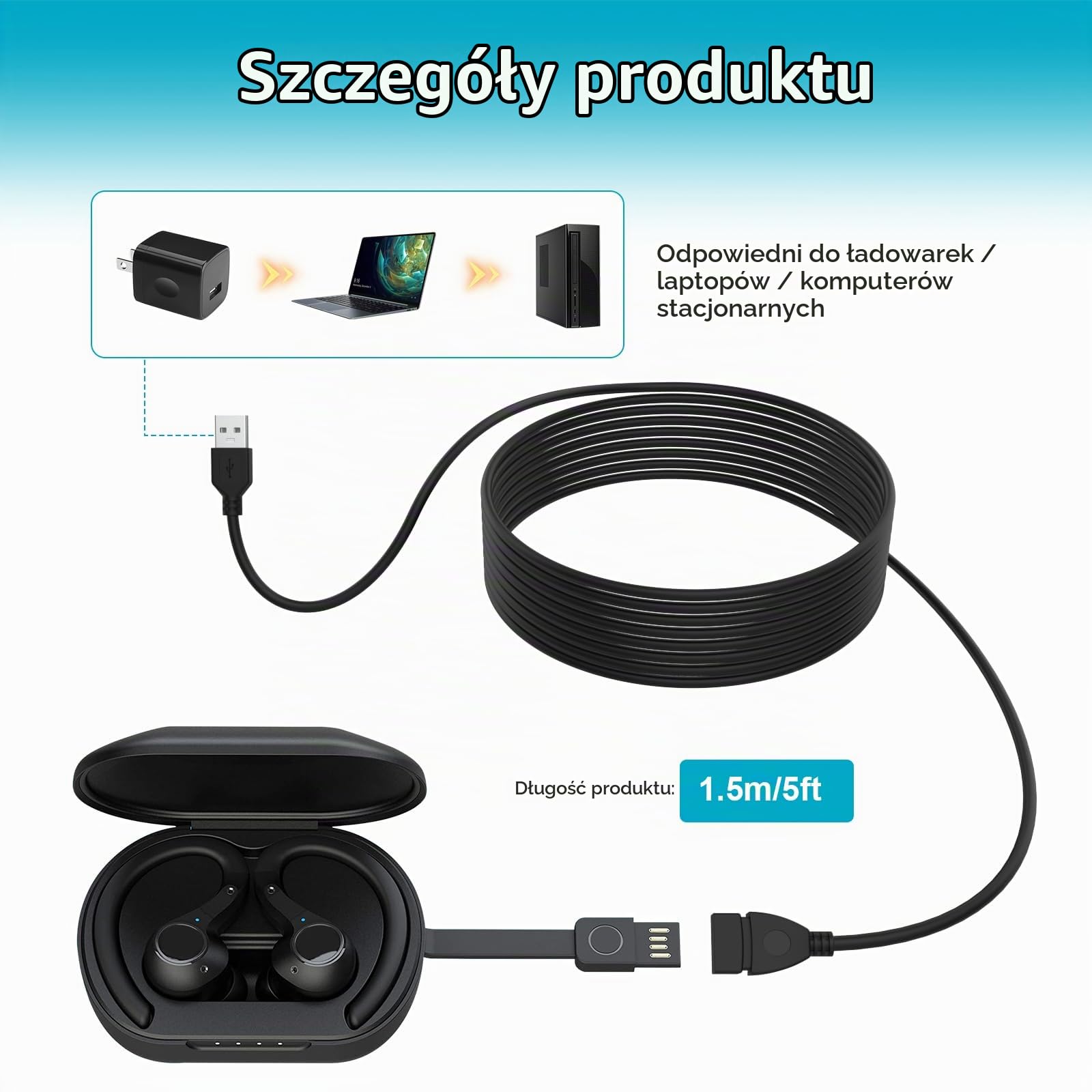 Kabel USB do ładowania JLab Go Ai Pop/Sport, JLab Epic Air ANC/Sport ANC, JLab JBuds Air/Sport/Executive/ANC/Play Gaming/Pro Wireless Bluetooth etui do ładowania