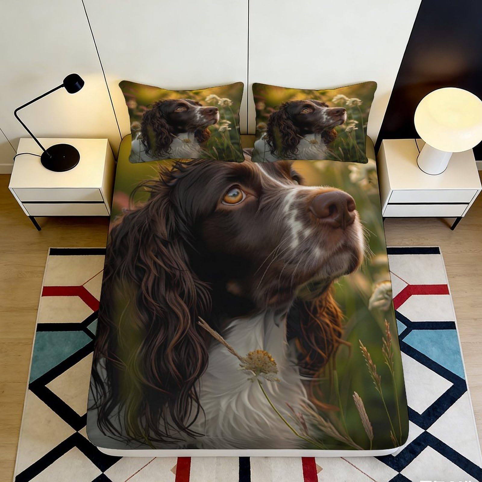 3D Printed Springer Spaniel Dog Fitted Sheet Microfiber Soft Durable Brown Floral Bed Cover for Bedroom Dormitory Guest Room Mattress Protection 180x200x25cm