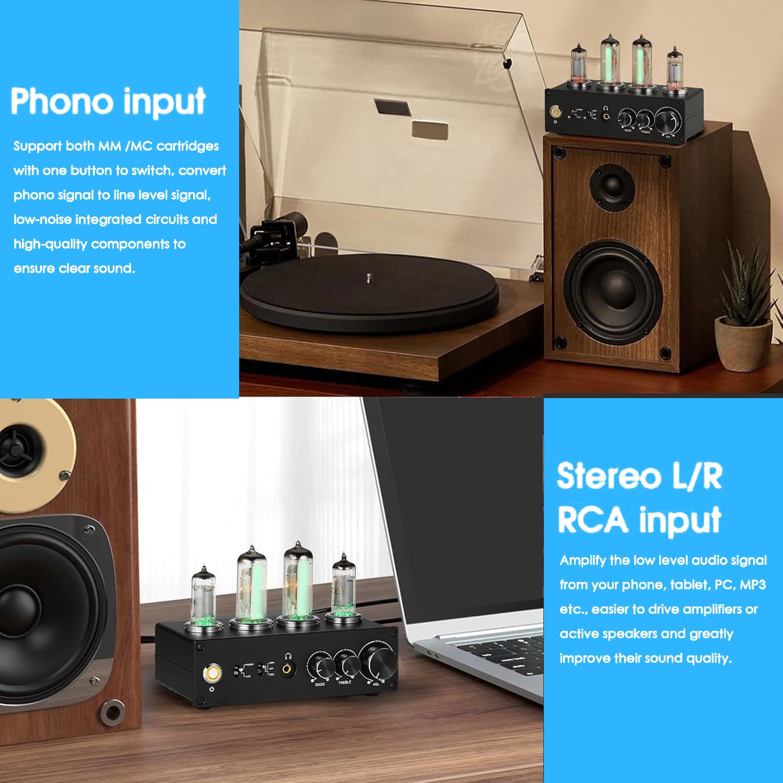 AUNMAS Preamplificatore Fono Valvolare Elettronico, Preamplificatore Audio Stereo HiFi con Jack per Cuffie da 3,5 MM e Controllo dei Bassi Acuti, per Giradischi MM MC (Spina UE 100-240 V)