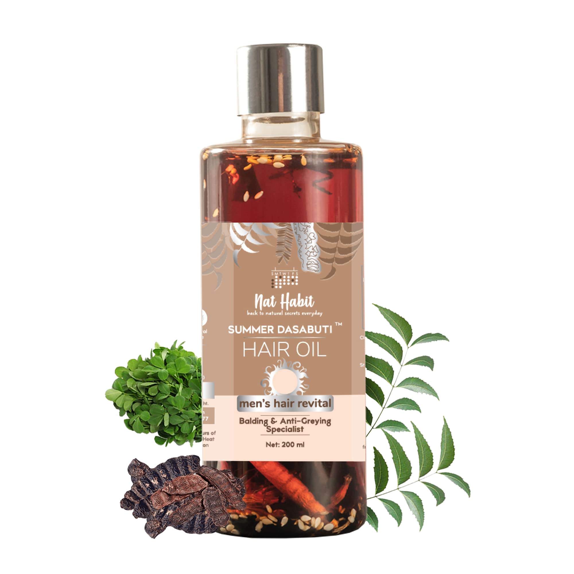 Nat HabitBack To Natural Secrets Everyday Men's Revital Summer Dasabuti Hair Oil For Hairfall & Dandruff Control, Scalp Massage With Fresh 16 Herbs, Castor, Coconut, Amla, 200ml