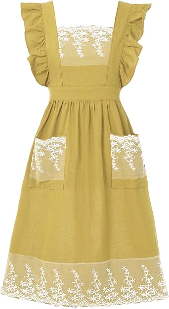 Aoomzoon Vintage Aprons for Women with Pockets Cute Lace Ruffle Adjustable Apron for Cooking Kitchen Baking Gardening