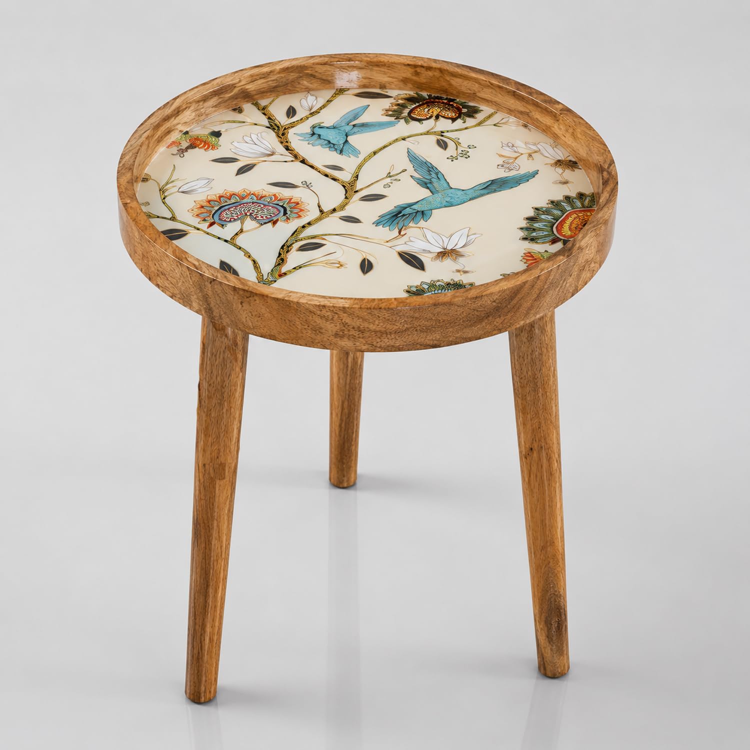 Handcrafted Round Wooden Side Table with Floral Resin Inlay Mid-Century Modern Accent Table Night Stand Sofa Side Bed Side Enterway (16 LITE Birds)-image-46