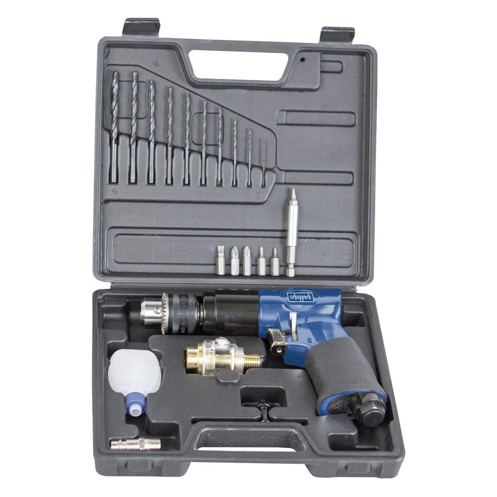 Scheppach Druckluft Bohrschrauber Druckluftbohrer Set | Bohrfutter 1-10mm | Rechts/Linkslauf | Betriebsdruck 6,3 bar | Luftbedarf 141 l/min | inkl. Koffer, 10 HSS-Bohrer, 6 CrV Bits, 1 Bithalter & Öl