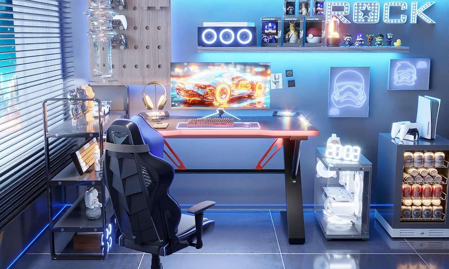 Mesa Gamer 100 * 55 cm z LED, Mesa Gamer ze Wzmocnioną Konstrukcją Z, Powłoką z Karbonu, Stół dla Graczy PC Łatwy w Montażu, Czarny Karbon