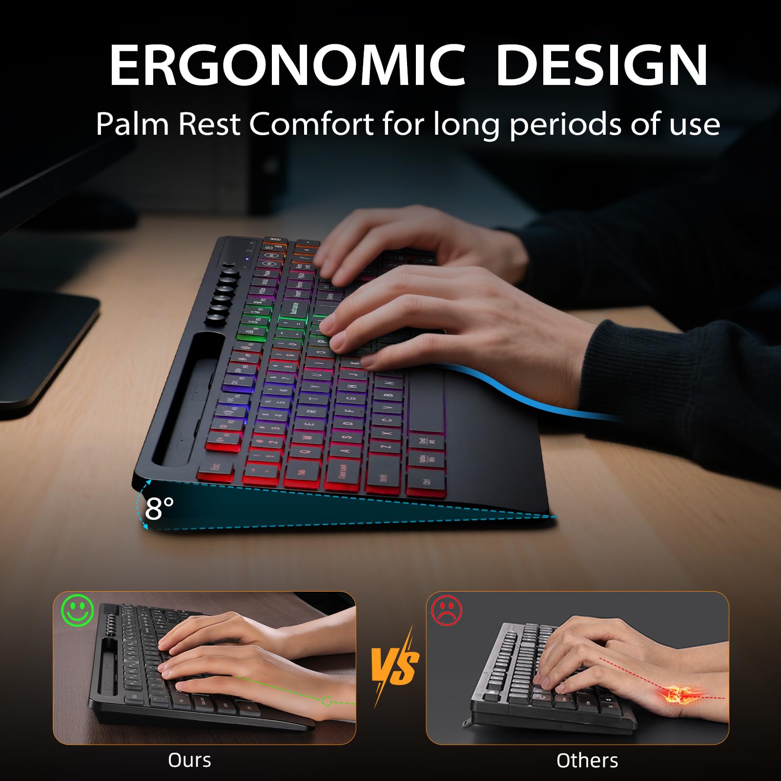 Hamile Combinazione di tastiera e mouse wireless: effetti retroilluminati RGB, tastiera silenziosa ergonomica, poggiapolsi, ricaricabile 2,4 G, con supporto per telefono, compatibile con Windows, Mac