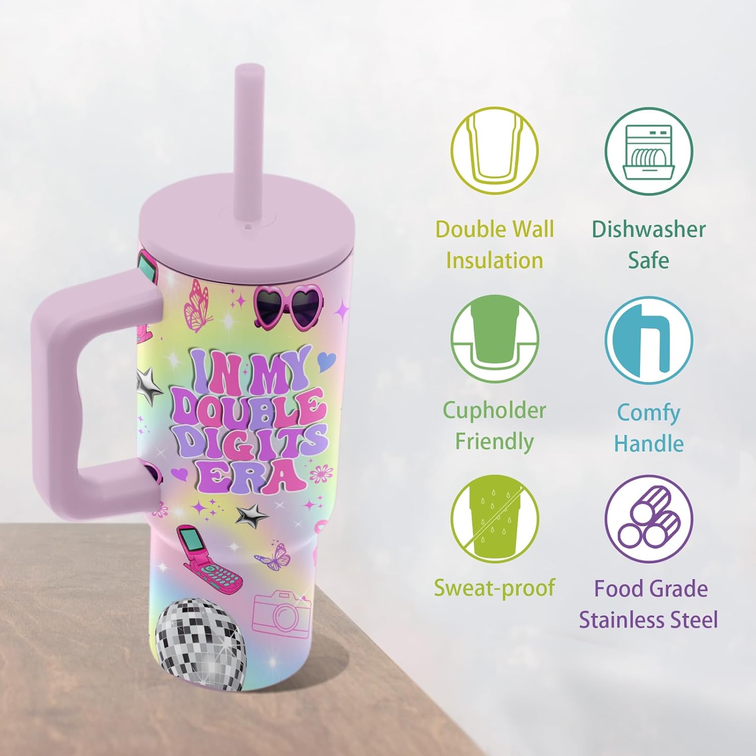Hiboss Birthday Gifts for 10 Year Old Girls, in My Double Digits Era Tumbler with Handle 24oz, 10th Birthday Gifts for Girls, Iridescent Girl Music Disco Theme Party Cup - Image 6
