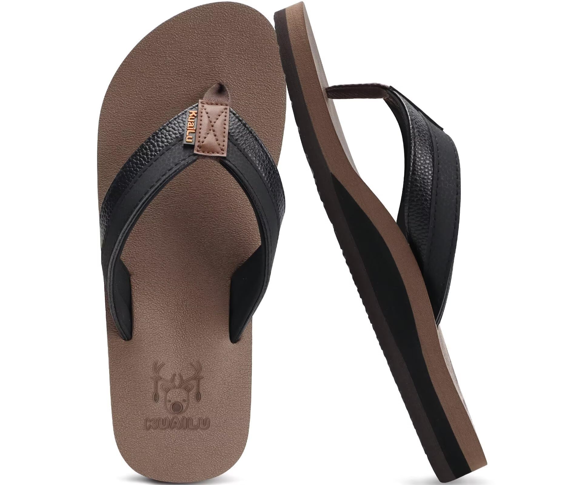 KuaiLu Mens Yoga Mat Leather Flip Flops with Arch Support Comfortable Cushion Walking Thong Sandals Slip On Indoor