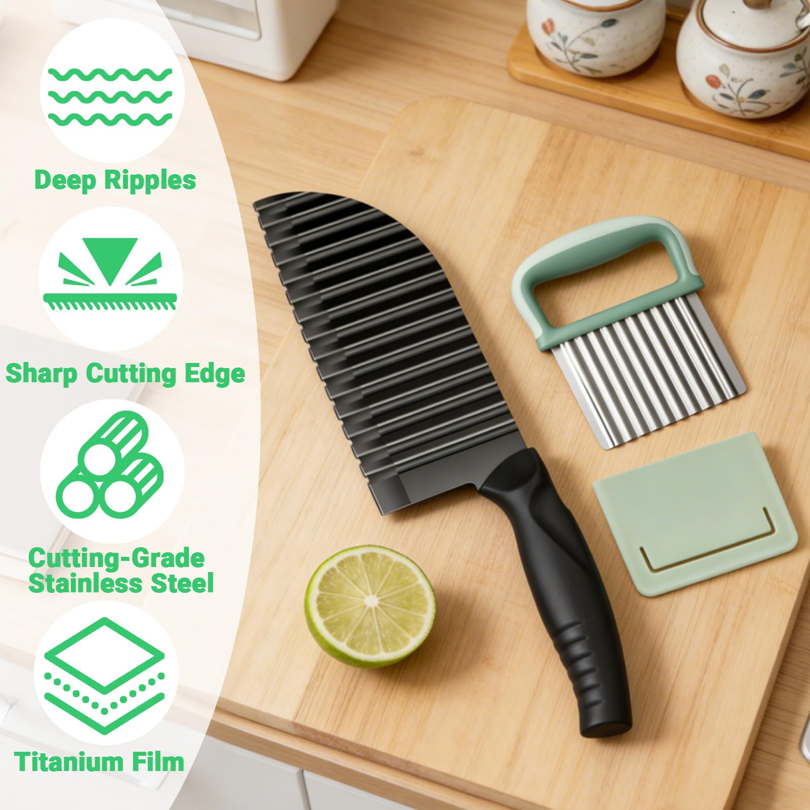 2 Pièces Couteau Ondulé et Crinkle Cutter en Acier Inoxydable, Coupe-Légumes Ondulé, Coupe Frites Trancheuse à Vagues avec Étui de Protection, pour Pommes de Terre, Carottes, Fruits et Salades