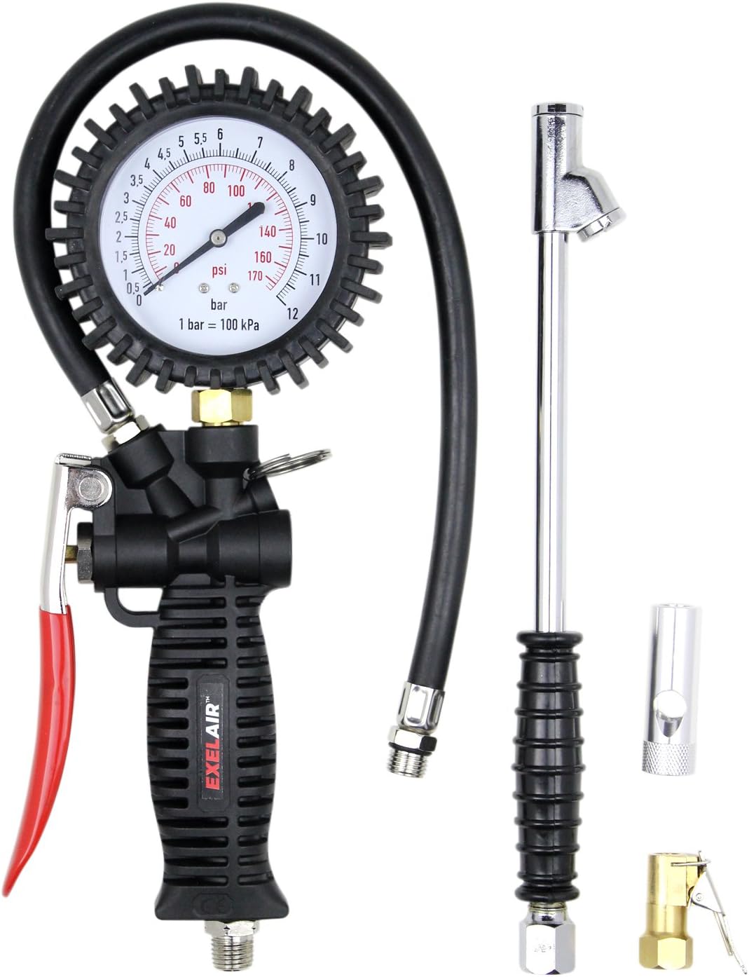 EXELAIR EX536KIT 3-in-1 Professional Analog Pistol Grip Tire Inflator/Deflator Gauge Kit - 16" Hose, Easy-Clip Chuck, Dual Foot Chuck, and Bonus Venturi Tip - 175 PSI