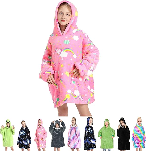 Oversized Blanket Hoodie for Kinds Boy Girl , Super Soft Warm Cozy Wearable Sweatshirt Hoodie for Children Thick Flannel Blanket with Sleeves and Pocket, One Size