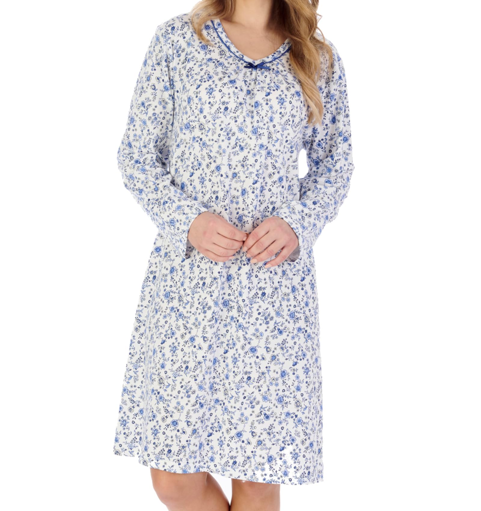 Slenderella Ladies Ditsy Floral Jersey Cotton Nightdress Long Sleeve Nightie UK 16/18 (Blue)
