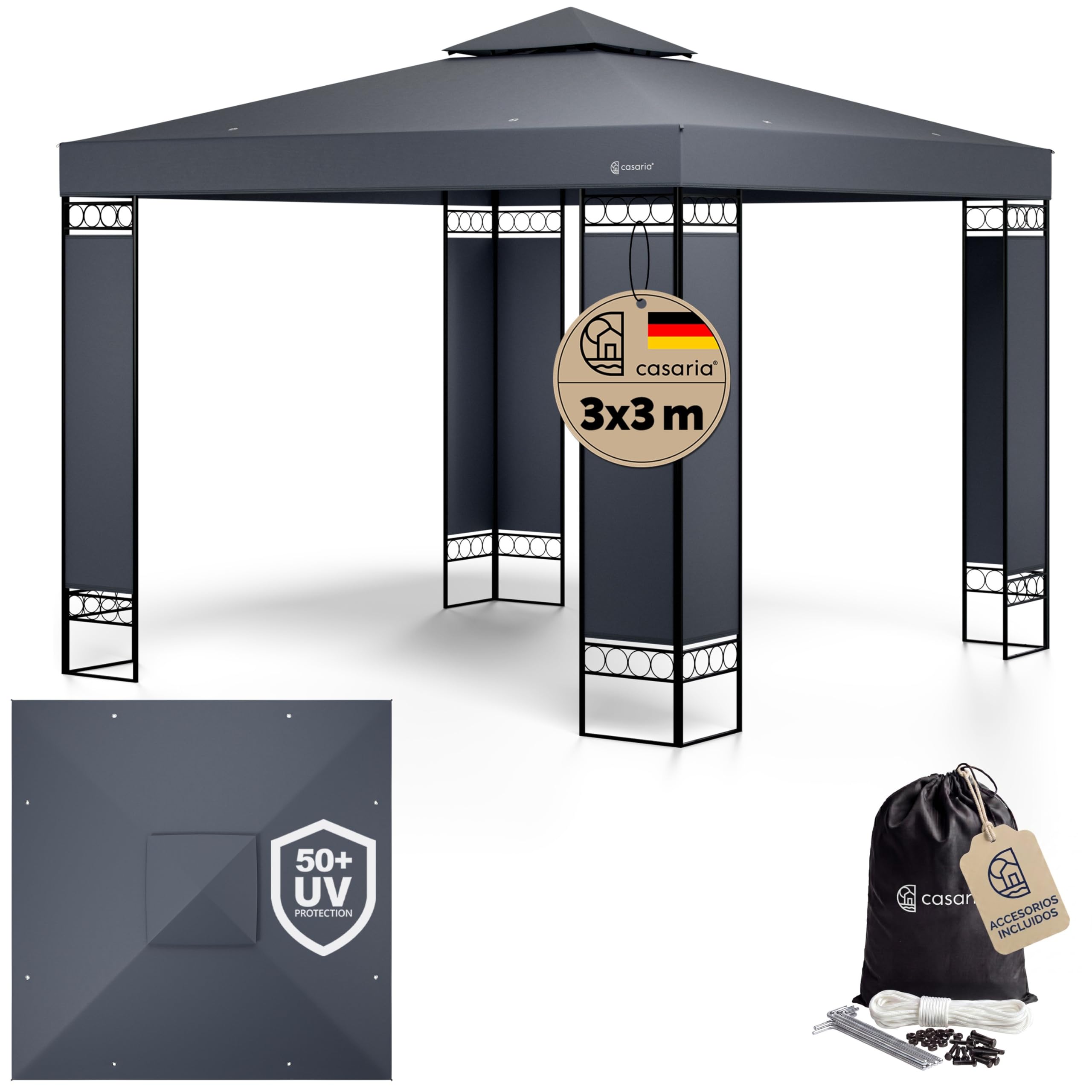 Casaria Cenador Lorca Jardín 3x3m Pabellón Pérgola Carpa Protec. UV 50+ Repele Agua Doble Techo