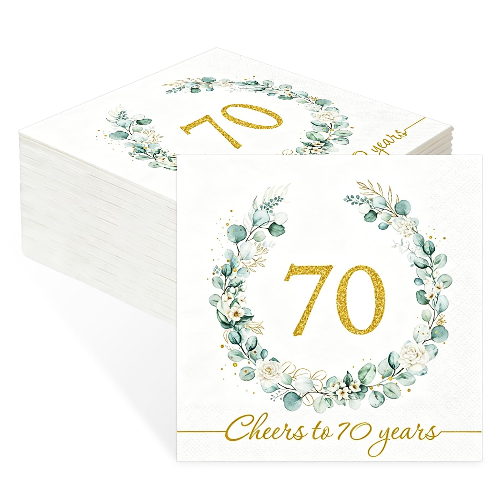 40 Pack 70th Birthday Napkins, Sage Green Eucalyptus Gold Happy Birthday Serviettes, Party Napkins for 70th Birthdays Table Decorations, Elegant Milestone Celebration Supplies โ image 1