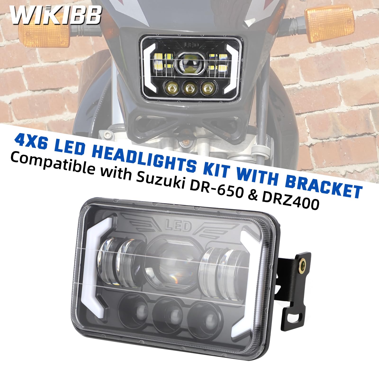 WIKIBB 4x6 LED Headlights Kit with Bracket Compatible with Suzuki DR-650 & DRZ400, Motorcycle Brightness Headlight Replacement With Mounting Hardware High & Low Beam