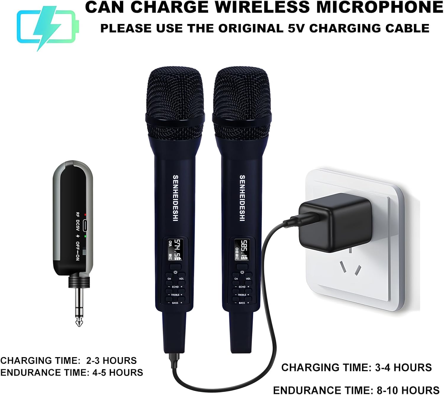 UHF Rechargeable Wireless Microphone System with 2 x Handheld Mic, 1/4" Mini Portable Rechargeable Bluetooth Receiver, Built-in EQ, Effects for Karaoke, Events, Church, Meetings