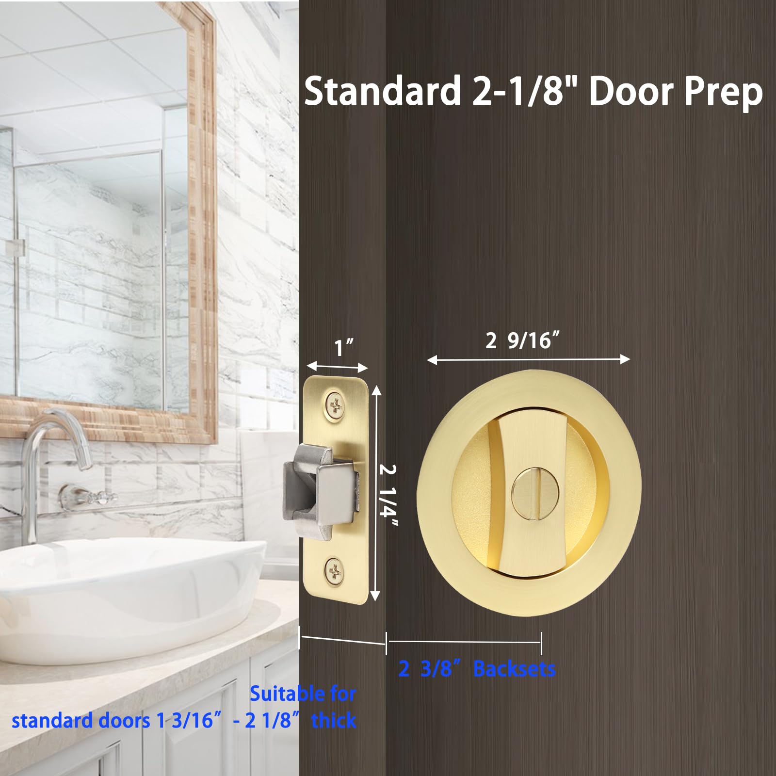 Dontay Confezione da 2 serrature per porta tascabili, rotonde per la privacy (letto/vasca), maniglie a filo, entrata da 6,5 cm, hardware per porte di spessore da 3,5 cm a 6,5 cm