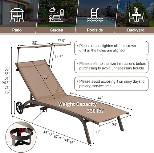 Miniatura 3 de Giantex Tumbona para exteriores, silla de bronceado con sombrilla y ruedas lisas, posición ajustable de 6 niveles, soporte para tazas, marco de