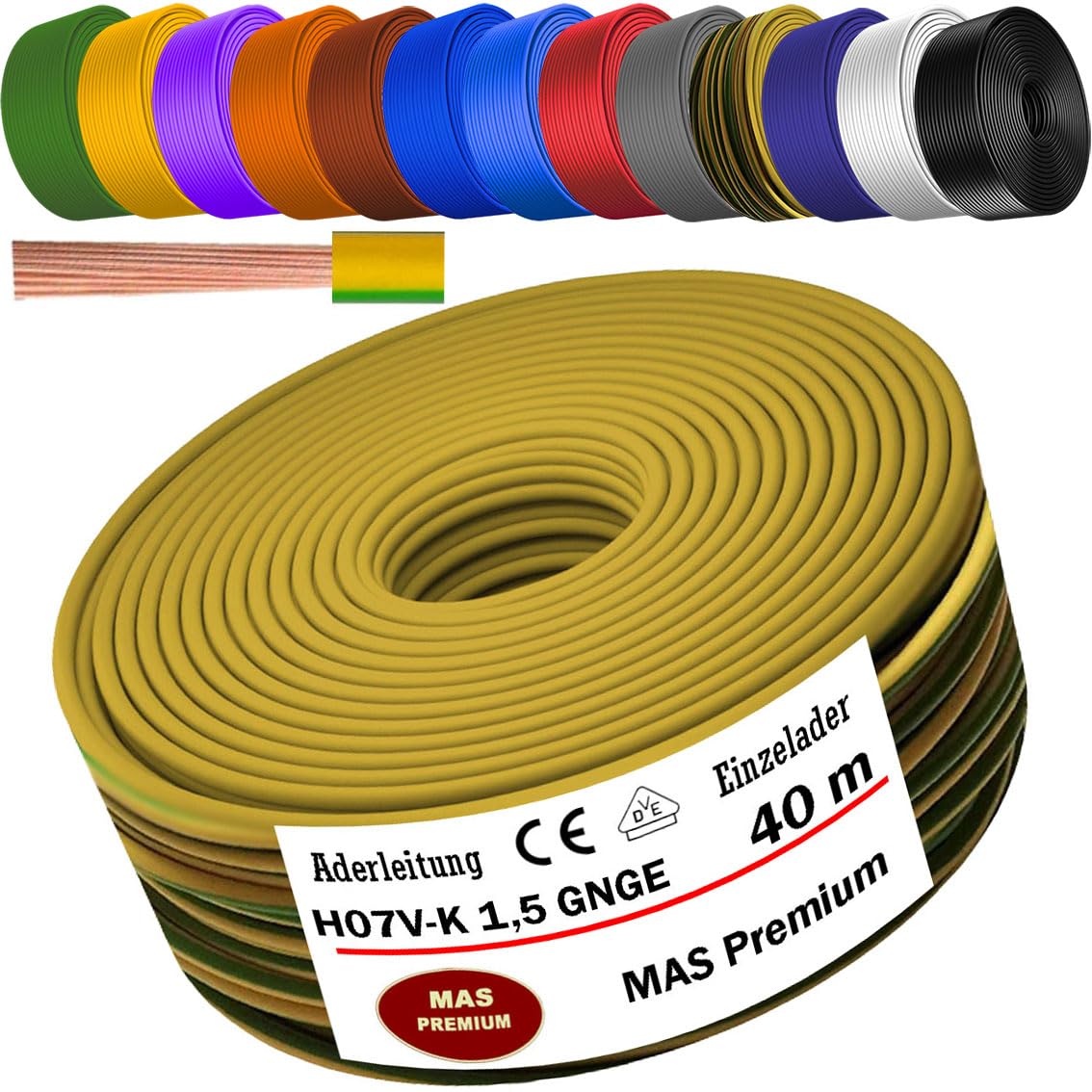 MAS Premium Aderleitung H07 V-K 1x1,5 mm² SW HBL GNGE GN RT DBL BR OR GR WS VIO U-MAR.BL RS RTWS DBLWS oder GE Einzelader flexibel Von 5 bis 100m (Grüngelb, 40m)
