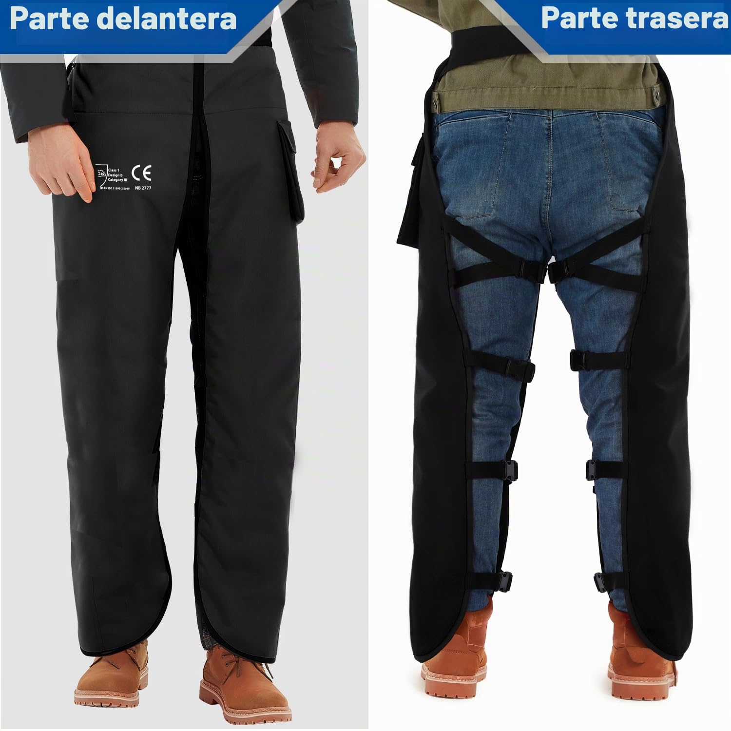 Leggins universales de seguridad para motosierra, 8 capas, ajustables, pantalones de seguridad, protección forestal, solo protección frontal